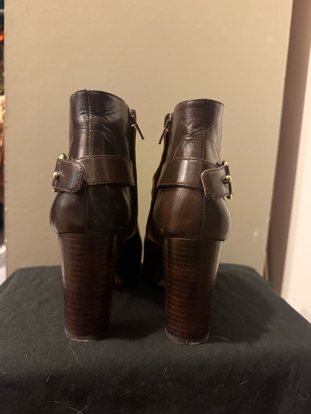 Nine West Dark Brown Leather Platform Ankle Boots with Gold Accent - Picture 3 of 7